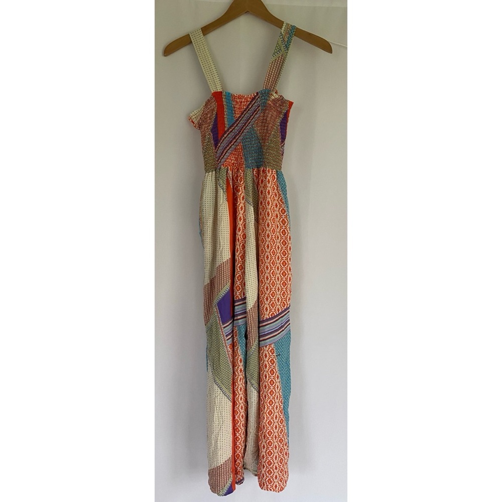 Women's Woven Patchwork Print Smocked Bodice Jumpsuit (orange & blue)